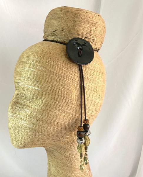 Black Brass Cocoshell Cowrie Sliding Hair Tie- Adjustable Ponytail Holder