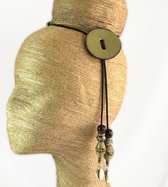 Green Brass Cocoshell Cowrie Sliding Hair Tie- Adjustable Ponytail Holder