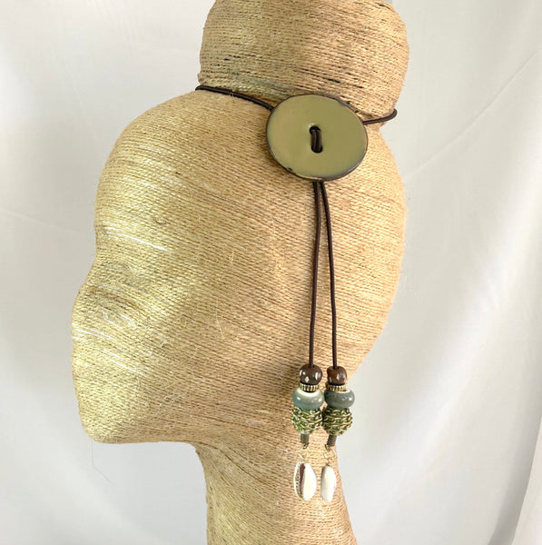 Green Brass Cocoshell Cowrie Sliding Hair Tie- Adjustable Ponytail Holder
