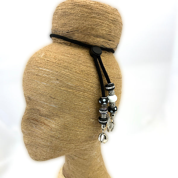 Black Polka Dot Silver Cowrie Sliding Hair Tie- Adjustable Ponytail Holder