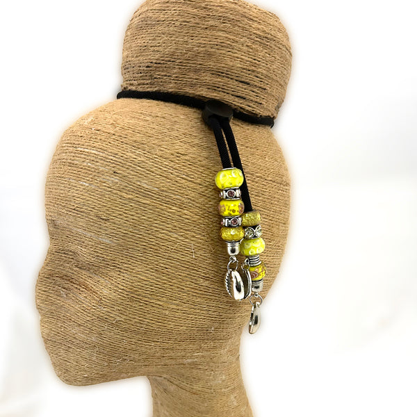 Yellow Flower Silver Cowrie Sliding Hair Tie- Adjustable Ponytail Holder