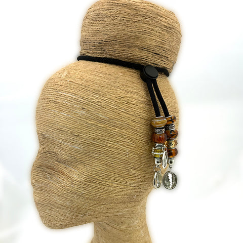 Tiger Eye Silver Cowrie Sliding Hair Tie- Adjustable Ponytail Holder
