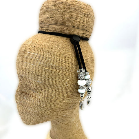 White Silver Cowrie Sliding Hair Tie- Adjustable Ponytail Holder