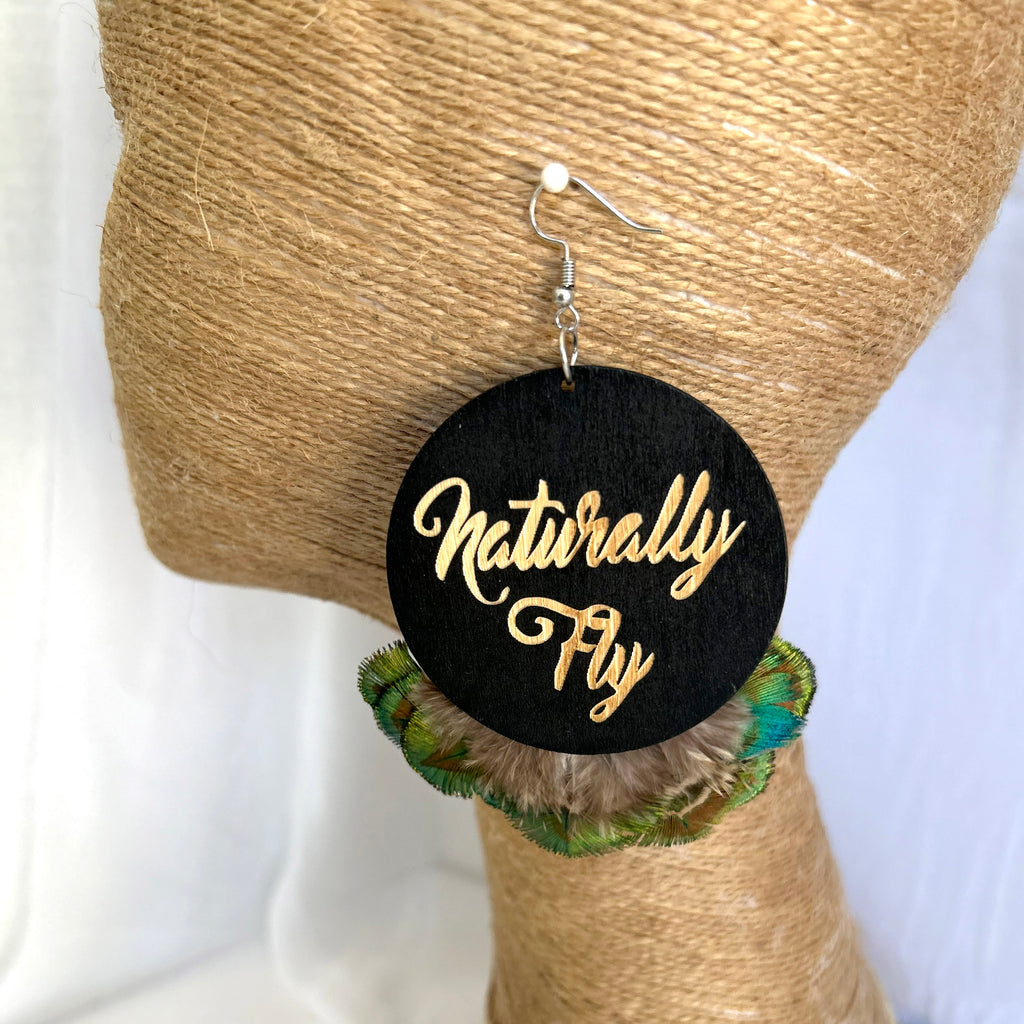 Naturally Fly Green Shimmer Feather Statement Earrings